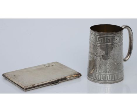 A Victorian silver half pint tankard with Greek key engraved decoration and inscribed 'Peter Bernard Blackburn Lucas, 1946', 