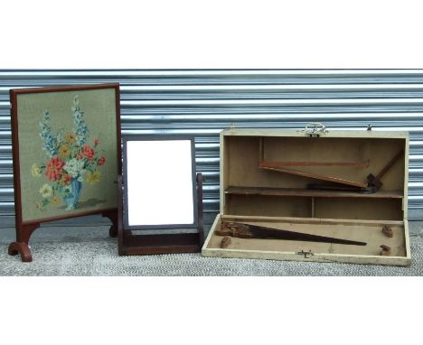 A vintage painted pine wall hanging carpenter's tool cabinet, 92cms wide; together with a mahogany toilet mirror; and an embr