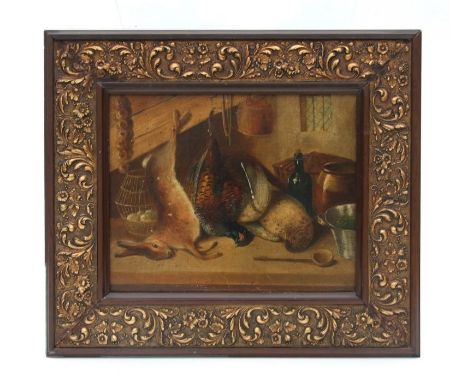 19th century school - Still Life of Dead Game in a Larder - oil on panel, framed, 29 by 23cms.