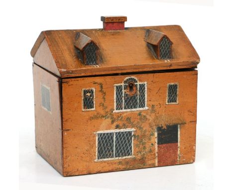 An early Victorian treen sewing box in the form of a cottage with painted decoration and a lift-out tray and secret drawer, 1