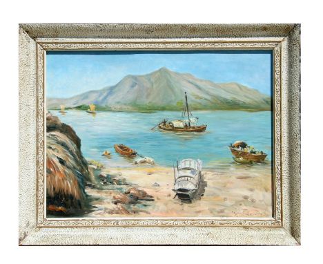 J W Lane (?) - Seascape with Fishing Boats - naïve school, oil on canvas, signed lower right, framed, 59 by 34cms.