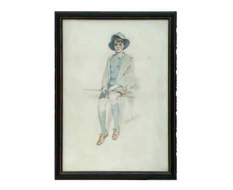 After O H Hagburg (?) - Portrait of a Young Boy Seated on a Bench - coloured print, framed &amp; glazed, 36 by 53cms.