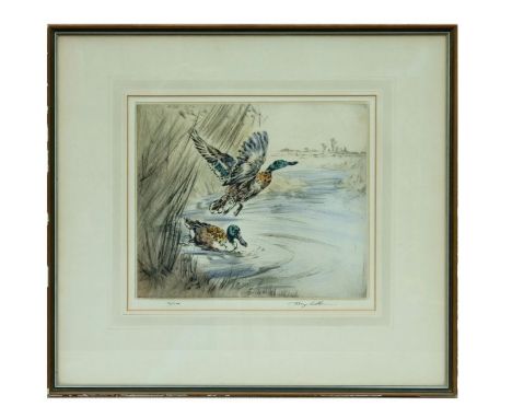 Henry Wilkinson RE ARCA (1921-2011) - Two Ducks in a Countryside River Setting - limited edition hand-coloured engraving, sig