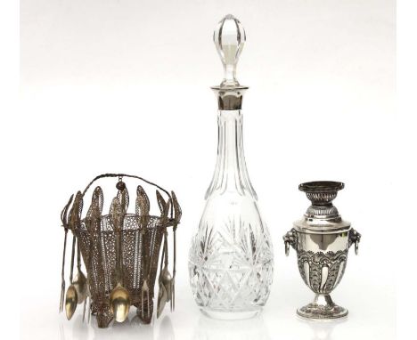 A George III style mallet shaped cut glass decanter with silver collar, Birmingham 1976; together with a lion mask silver pla