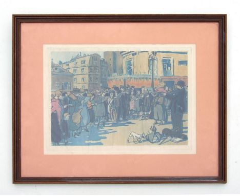 Mid 20th century Continental school - Singing in the Market Square Scene  - coloured lithograph, framed, 36 by 26cms.