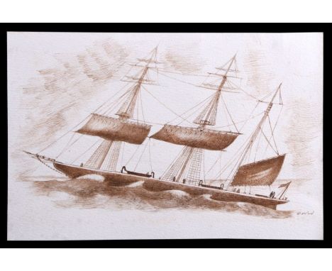 W Willard -  Three Masted Ship - sepia watercolour sketch, signed lower right, unframed, 30 by 20cms (11.8 by 7.8ins).