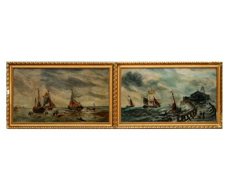 English school - a pair of 19th century style seascape paintings, oil on board, framed, 39 by 21cms (2).