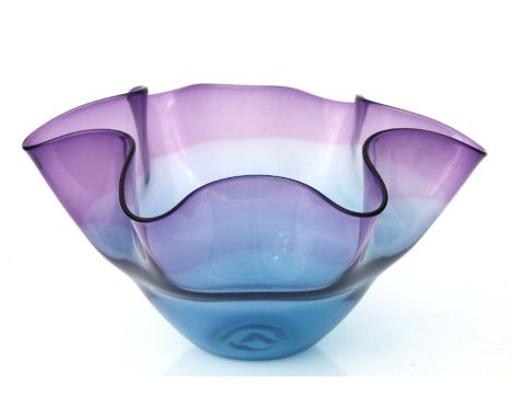 An Art glass amethyst and blue handkerchief bowl, 27cms diameter.