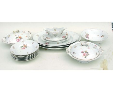 A Victorian continental porcelain part dinner and tea service decorated with sprays of flowers, to include comports, sauceboa