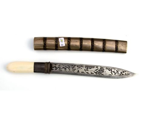 A Burmese Dha knife and scabbard with ivory handle and etched blade depicting a figural scene with calligraphy, 33.5cms long.