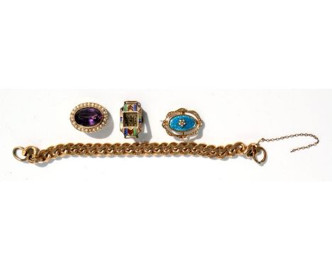 A late Victorian yellow metal seed pearl and amethyst brooch; together with a blue guilloche enamel &amp; seed pearl brooch; 