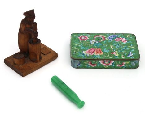 A Chinese jade or hardstone opium pipe mouth piece, 7.5cms long; together with a Canton enamel box cover; and a wooden figure