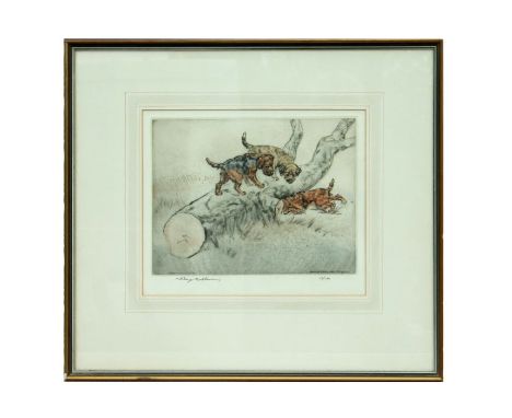 Henry Wilkinson RE ARCA (1921-2011) - Three Gun Dogs Searching by a Log - limited edition hand-coloured engraving, signed in 