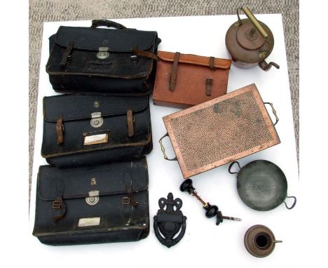 Three leather attaché cases with Elizabeth II cyphers; together with a copper coal scuttle ; an enamel water jug and other it