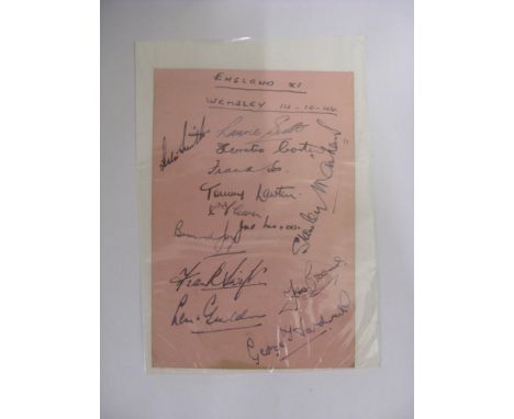 1944 England, an autographed album page with 13 signatures of the English team who played Scotland at Wembley on 14/10/1944
