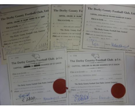Derby County, a collection of 5 original share certificates of the club, all signed by 2 directors and secretary, includes Sa