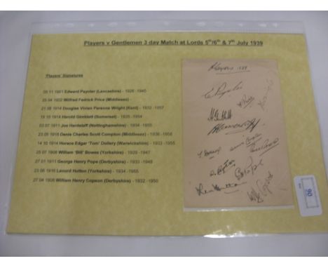 Autographs, Cricket, 1939, a page of the Players team that played the gentlemen at Lords in 1939, with 11 signatures includin