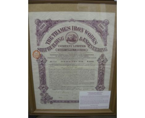 1899 The Thames Ironworks, Shipbuilding &amp; Engineering Company Ltd (West Ham Utd), an original debenture share capital cer