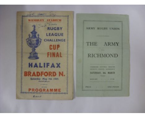 Rugby Union, 1929/30 The Army v Richmond, a programme from the game played at Aldershot on 08/03/1930, sold with a 1949 Rugby