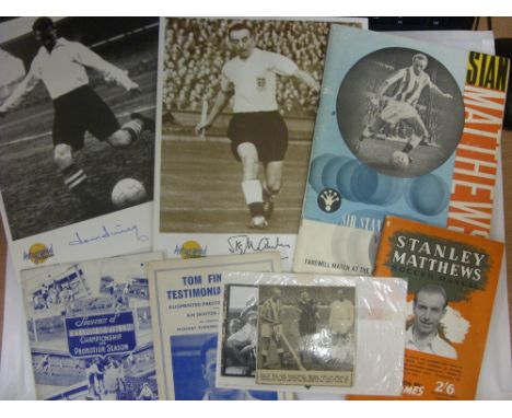 Stanley Matthews and Tom Finney, a pair of signed autographed edition large cards, a programme from both players testimonial 