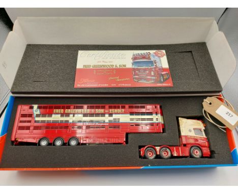 Manufacturer  - Tekno | Description - Scania 4-Series Topline & Livestock Trailer - Fred Greenwood & Son | Stock Code - 65463