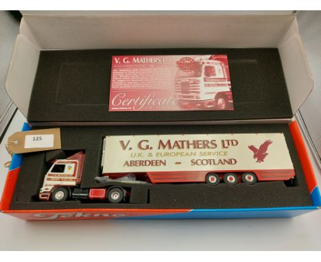 Manufacturer  - Tekno | Description - Scania R143 450 Streamline & Fridge Trailer - V G Mathers | Stock Code - 58783 | Notes 