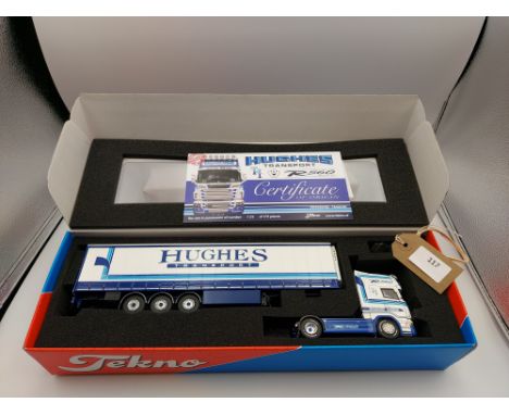 Manufacturer  - Tekno | Description - Scania R & Curtainside Trailer - Hughes Transport | Stock Code - 69241 | Notes - Mint| 