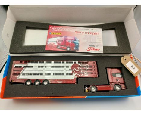 Manufacturer  - Tekno | Description - Scania R-Series Topline & Livestock Trailer - Derry Morgan | Stock Code - 63832 | Notes