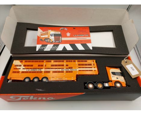 Manufacturer  - Tekno | Description - Scania 4-Series Topline & Livestock Trailer - L E Jones | Stock Code - 63680 | Notes - 