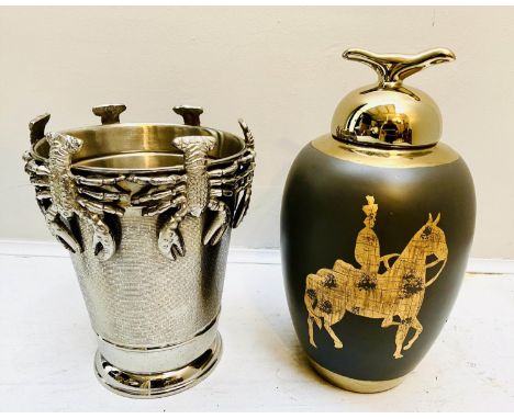 WINE COOLER AND TEA CADDY, the wine cooler with applied lobster figures on the rim, 27cm high, 21cm diameter; the tea caddy o