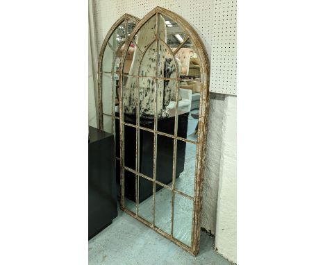 ARCHITECTURAL GARDEN WALL MIRRORS, a pair, gothic arched design, aged metal frames, 158cm x 66cm. (2) 