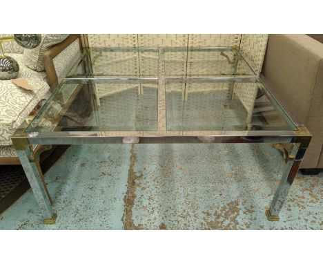 LOW TABLE, 111cm x 111cm x 50cm, vintage 20th century polished metal, gilt detail, four panel bevelled glass top. 