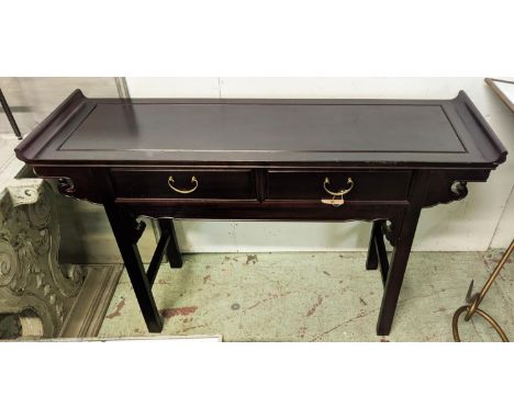 CONSOLE TABLE, Chinese style, over sailing top, two drawers, raised on square legs, 84cm H x 137cm x 40cm. 