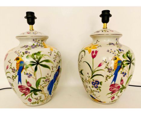 TABLE LAMPS, a pair, 46cm H x 27cm diameter, glazed ceramic, with transfer printed decoration. (2) 