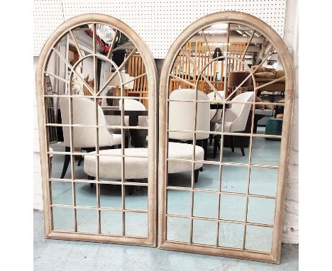 ARCHITECTURAL GARDEN WALL MIRROR, a pair, 132cm x 75cm, aged painted metal frames. (2) 