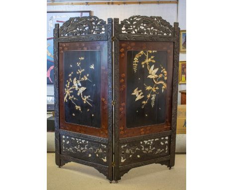 SCREEN, late 19th century Meiji lacquer, bone and mother of pearl with two panels on castors, each leaf 188cm H x 85cm. 