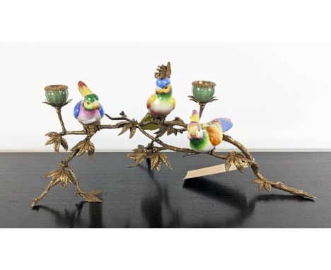 CANDELABRUM, gilt metal and glazed ceramic, 25cm H, two branch. 