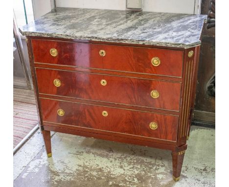 COMMODE, 78cm H x 86cm W x 47cm D, Gustav III style mahogany and brass mounted with grey marble top above three drawers. 