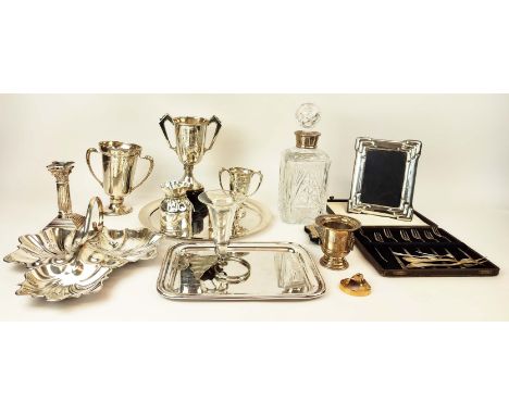 COLLECTION OF ASSORTED SILVER AND PLATED WARE, comprising award trophies photo frames, cake forks, candlestick, baccarat deca