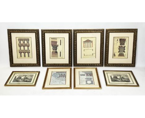 ARCHITECTURAL COLOURED ENGRAVINGS OF ROME, a set of four, 63cm x 51cm, together with two French architectural engravings and 