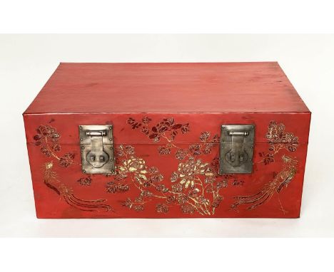 TRUNK, 82cm W x 55cm D x 35cm H, early 20th century Chinese Export, scarlet lacquered and gilt Chinoiserie decorated, with ri