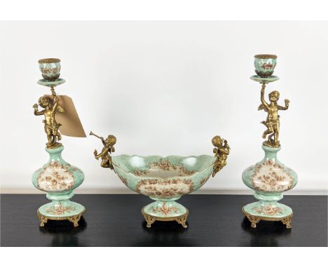 GARNITURE SET, comprising a pair of candelabra, 36cm H and dish 30cm x 14cm x 21cm, glazed ceramic, gilt mounts. (3) 