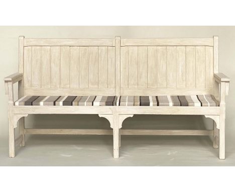 COUNTRY HOUSE BENCH, 189cm W, French style, grey painted, with striped seat cushions and arms. 