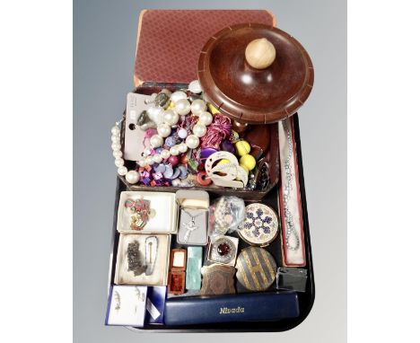 A tray of jewellery box and wooden stand, assorted costume jewellery, compacts, pocket lighter 