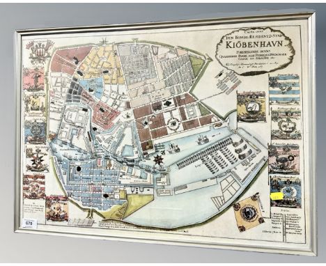 A colour print depicting a map of Copenhagen, 64cm by 45cm.