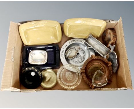 A box of vintage metal, ceramic and glass ashtrays 