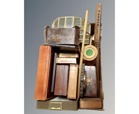 A box containing slate mantel clock, glass and brass tabletop curio cabinet, metal drawer, assorted wooden boxes, cigar boxes