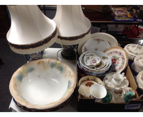 A box containing assorted ceramics and glassware including Hammersley, Wedgwood, Royal Albert etc. together with a 19th centu