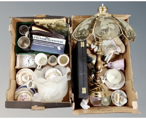 Two boxes of miscellany to include Coalport and continental figurines, cased part-cutlery set, assorted ceramics, glass shade