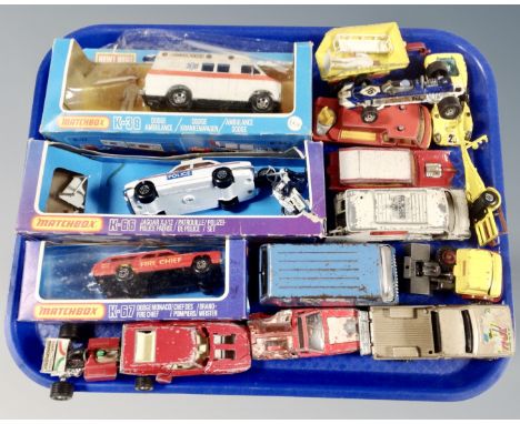 A tray of boxed and unboxed 20th century play worn die cast vehicles, Matchbox, Police Car Ambulance and fire truck, Tonka an